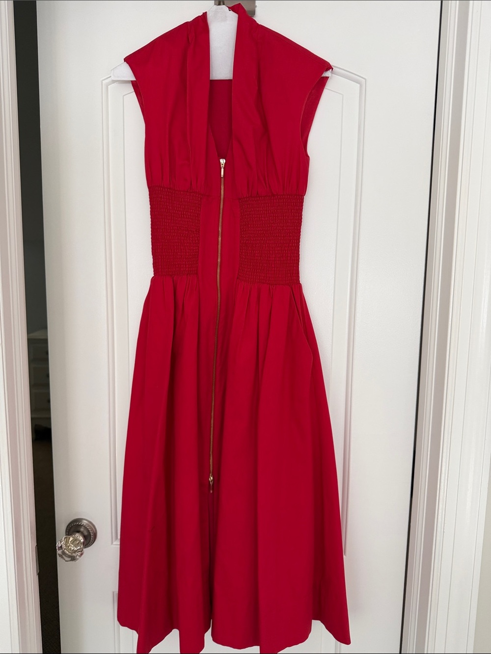 Anthropologie Vibrant Red Midi Dress with Gold Zipper